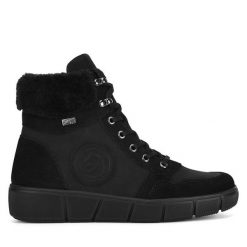 Botki Remonte. Czarne botki Remonte, bez wzorów, bez obcasa, na płaskiej podeszwie, bez zapięcia. Za 321.99 zł.