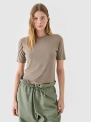 4F T-shirt slim gładki damski - brązowy L. Brązowe t-shirty 4f, l, bez wzorów, z dzianiny, bez kołnierzyka, bez ramiączek. W wyprzedaży za 19.99 zł.
