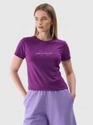 4F T-shirt slim z nadrukiem damski - fioletowy XS. Fioletowe t-shirty 4f, xs, bez wzorów, z dzianiny, bez kołnierzyka, bez ramiączek. Za 29.99 zł.