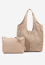 Ciemnobeżowa Ażurowa Torebka Shopperka z Saszetką Merazina. Brązowe shopper Born2be, w ażurowe wzory, z jeansu, bez dodatków. Za 139.99 zł.
