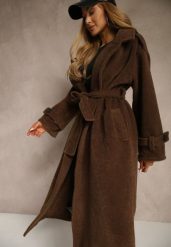 Brązowy Płaszcz w Eleganckim Stylu z Kieszeniami i Wiązanym Paskiem Zoledi. Brązowe płaszcze Renee, na jesień, s, bez wzorów, z jeansu, bez kaptura. Za 249.99 zł.