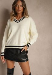 Jasnobeżowy Sweter Preppy z Dodatkiem Kaszmiru Lincire. Brązowe swetry Renee, z aplikacjami, z dzianiny, bez ramiączek. Za 119.99 zł.