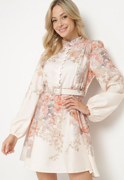 Beżowa Kwiatowa Rozkloszowana Sukienka Ozdobiona Paskiem Nolavia. Brązowe sukienki Born2be, na co dzień, m, bez wzorów, eleganckie, bez kołnierzyka, bez ramiączek, mini, proste. Za 189.99 zł.