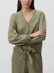 Muślinowa koszula z wiązaniem - oliwkowy. Zielone koszule Reserved, l, bez wzorów, bez kołnierzyka, bez ramiączek. Za 89.99 zł.