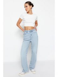 Trendyol Dżinsy - Mom fit - w kolorze błękitnym rozmiar: 42. Niebieskie jeansy Trendyol, bez wzorów, z podwyższonym stanem. Za 122.96 zł.