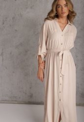 Jasnobeżowa Koszulowa Sukienka Utility z Bawełny z Wiązanym Paskiem w Talii Retona. Brązowe sukienki Renee, na co dzień, l, bez wzorów, z bawełny, boho, bez kołnierzyka, bez ramiączek, maxi, koszulowe. Za 159.99 zł.