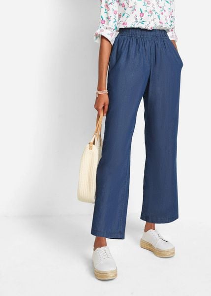 Jeansy wide leg, wysoki stan, krótsza nogawka. Niebieskie jeansy bonprix, bez wzorów, z podwyższonym stanem. Za 109.99 zł.
