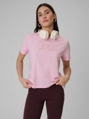 4F T-shirt boxy z nadrukiem damski - różowy L. Czerwone t-shirty 4f, l, bez wzorów, z jeansu, bez kołnierzyka, bez ramiączek. Za 59.99 zł.