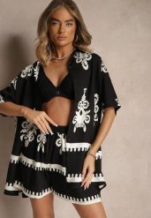 Czarny Komplet z Rustykalnym Wzorem z Szortami i Koszulą Tosnea. Czarne koszule Renee, m, bez wzorów, eleganckie, bez kołnierzyka, bez ramiączek. Za 84.99 zł.