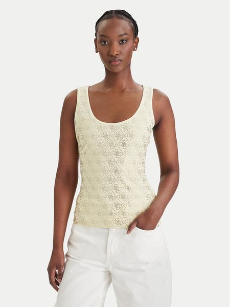 Guess Top W6GP10 K2932 Żółty Regular Fit. Żółte topy Guess, xl, z aplikacjami, z bawełny, bez kołnierzyka, bez ramiączek. Za 181.99 zł.