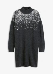 Sukienka dzianinowa z aplikacją z cekinów. Szare sukienki bonprix, z aplikacjami, z dzianiny, bez kołnierzyka, bez ramiączek, mini. Za 134.99 zł.