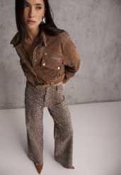 Panterkowe Jeansy Wide Leg High Waist z Bawełny Saliritia. Białe spodnie materiałowe Renee, na co dzień, l, bez wzorów, z bawełny, z podwyższonym stanem. Za 129.99 zł.