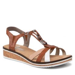 Sandały Rieker. Brązowe sandały Rieker, bez wzorów, bez obcasa, na płaskiej podeszwie, bez zapięcia. Za 179.99 zł.