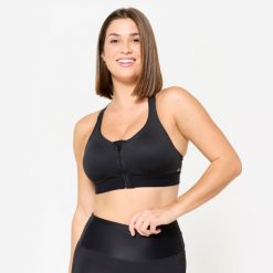Stanik sportowy Domyos. Czarne koszulki sportowe DOMYOS, bez wzorów, z elastanu, bez ramiączek, na fitness i siłownię. Za 119.99 zł.