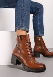 Brązowe Sznurowane Botki z Ozdobnym Suwakiem na Niewysokim Słupku Anvara. Brązowe botki Renee, bez wzorów, bez obcasa, na obcasie, bez zapięcia. Za 199.99 zł.