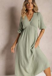 Ciemnozielona Sukienka z Bawełny Ozdobiona Wiązaniem i Gumką w Pasie Wlarina. Zielone sukienki Renee, m, bez wzorów, z bawełny, bez kołnierzyka, bez ramiączek, maxi. Za 159.99 zł.