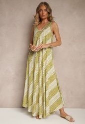Zielona Rozkloszowana Sukienka z Geometrycznym Wzorem Lumire. Zielone sukienki Renee, na spotkanie biznesowe, xl, z aplikacjami, eleganckie, bez kołnierzyka, bez ramiączek, maxi, rozkloszowane. Za 49.99 zł.