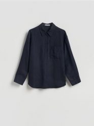 Koszula z lnem - granatowy. Niebieskie koszule Reserved, l, bez wzorów, z tkaniny, bez kołnierzyka, bez ramiączek. Za 119.99 zł.