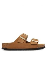 Birkenstock Klapki Arizona Sfb 1032086 Brązowy. Brązowe klapki Birkenstock, bez wzorów, z nubiku, bez obcasa. Za 549.99 zł.