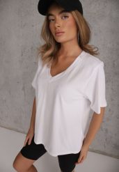 Biały T-shirt Bawełniany z Dekoltem w V Adozixie. Białe t-shirty Renee, bez wzorów, z bawełny, bez kołnierzyka, bez ramiączek. Za 79.99 zł.