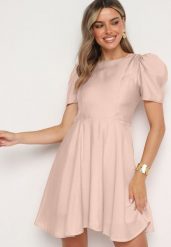 Różowa Rozkloszowana Sukienka z Bufiastymi Rękawami Elifea. Czerwone sukienki Born2be, s, z aplikacjami, z jeansu, eleganckie, bez kołnierzyka, bez ramiączek, mini, rozkloszowane. Za 119.99 zł.