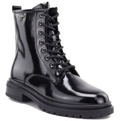 Skórzane botki damskie glany lakierowane czarne Big Star UU274613. Czarne botki Big Star, bez wzorów, z lakierowanej skóry, bez obcasa, bez zapięcia. Za 279.99 zł.