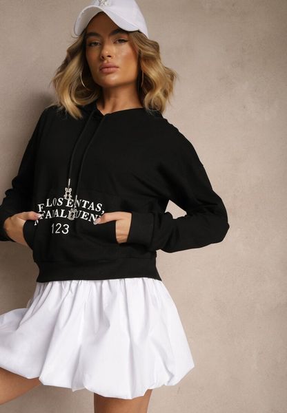 Czarna Bluza o Klasycznym Kroju z Kapturem i Kieszenią Firloti. Czarne bluzy Renee, l, bez wzorów, z jeansu, z kapturem. Za 59.99 zł.