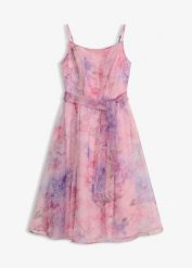 Sukienka midi z delikatnego tiulu, z paskiem. Białe sukienki bonprix, bez wzorów, z tiulu, bez kołnierzyka, bez ramiączek, midi. Za 319.99 zł.