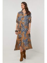 Lin Passion Lniana sukienka w kolorze jasnobrązowym rozmiar: 38/40. Brązowe sukienki Lin Passion, bez wzorów, ze lnu, klasyczne, bez kołnierzyka, bez ramiączek, midi. Za 173.99 zł.