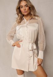 Jasnobeżowa Mini Sukienka o Koszulowym Fasonie z Materiałowym Paskiem i Siateczką Idanes. Brązowe sukienki Renee, na jesień, bez wzorów, z materiału, eleganckie, bez kołnierzyka, bez ramiączek, mini, koszulowe. Za 109.99 zł.