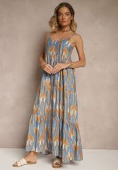 Niebiesko-Beżowa Sukienka w Stylu Boho z Cienkimi Regulowanymi Ramiączkami Tosena. Niebieskie sukienki Renee, na co dzień, na lato, l, bez wzorów, boho, bez kołnierzyka, bez ramiączek, maxi. Za 49.99 zł.