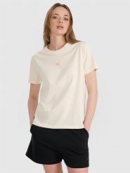 4F T-shirt oversize z nadrukiem damski - beżowy M. Brązowe t-shirty 4f, l, bez wzorów, z bawełny, bez kołnierzyka, bez ramiączek. W wyprzedaży za 49.99 zł.