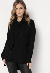 Czarny Sweter o Lekko Luźnym Kroju z Szalikiem w Komplecie Beruma. Czarne swetry Born2be, na zimę, l, bez wzorów, bez ramiączek. Za 109.99 zł.