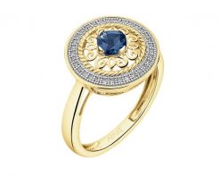 Pierścionek z żółtego złota z diamentami i topazem London Blue - rozeta - próba 585. Niebieskie pierścionki Apart, z diamentem, złote. Za 2,690.00 zł.