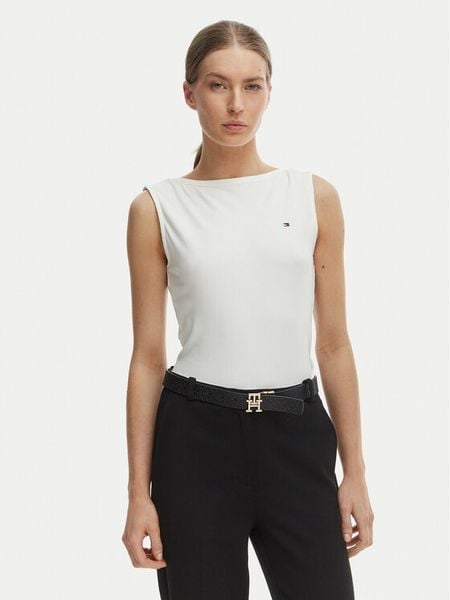 Tommy Hilfiger Top WW0WW47807 Écru Slim Fit. Białe topy TOMMY HILFIGER, s, bez wzorów, z wiskozy, bez kołnierzyka, bez ramiączek. Za 161.99 zł.