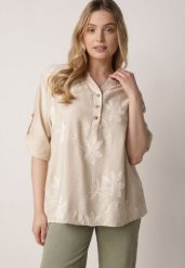 Beżowa Koszula z Wiskozy z Haftowanymi Kwiatami Sylimeine. Brązowe koszule Born2be, l, z aplikacjami, z materiału, casualowe, bez kołnierzyka, plus size, bez ramiączek. Za 89.99 zł.