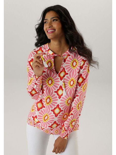 Aniston Bluzka w kolorze czerwono-biało-jasnoróżowym rozmiar: 42. Białe bluzki Aniston, bez wzorów, z wiskozy, bez kołnierzyka, bez ramiączek. Za 66.00 zł.