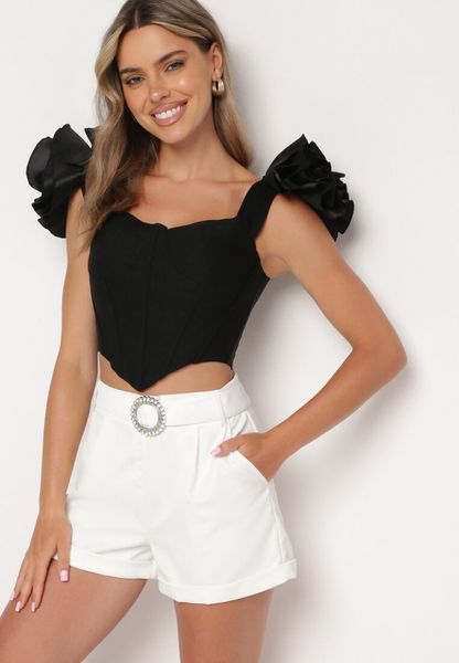 Czarny Top Gorsetowy z Ozdobnymi Falbankami na Ramionach Kovantia. Czarne topy Born2be, m, bez wzorów, z jeansu, bez kołnierzyka, bez ramiączek. Za 109.99 zł.