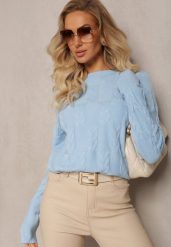 Jasnoniebieski Warkoczowy Sweter z Długim Rękawem i Ściągaczami Kaviss. Niebieskie swetry Renee, bez wzorów, z dzianiny, bez ramiączek. Za 54.99 zł.
