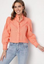 Pomarańczowa Bawełniana Koszula w Rustykalnym Stylu z Kwiatowym Haftem i Stójką Lanolira. Brązowe koszule Born2be, l, bez wzorów, z bawełny, eleganckie, bez kołnierzyka, bez ramiączek. Za 139.99 zł.