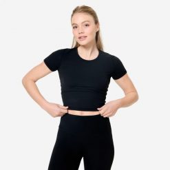 Koszulka do jogi i pilatesu Breathe. Czarne bluzki DOMYOS, xs, bez wzorów, z elastanu, sportowe, bez kołnierzyka, bez ramiączek. Za 69.99 zł.