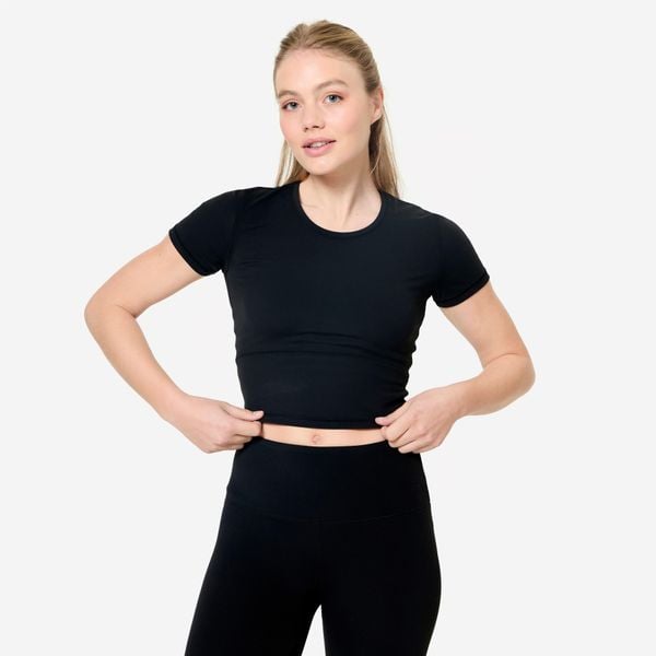 Koszulka do jogi i pilatesu Breathe. Czarne bluzki DOMYOS, xl, bez wzorów, z elastanu, sportowe, bez kołnierzyka, bez ramiączek. Za 69.99 zł.