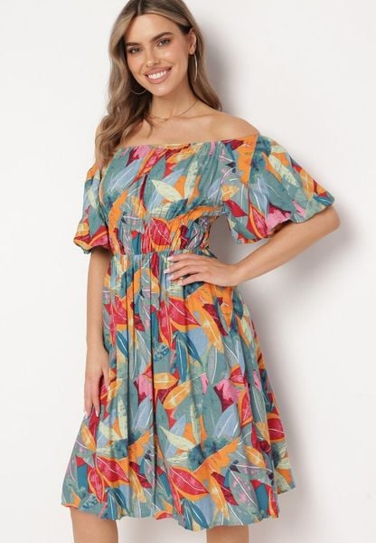 Zielono-Pomarańczowa Wiskozowa Rozkloszowana Sukienka z Bufiastymi Rękawami i Elastyczną Gumką w Talii Biatala. Zielone sukienki Born2be, na co dzień, m, bez wzorów, z materiału, eleganckie, bez kołnierzyka, bez ramiączek, mini, proste. Za 59.99 zł.