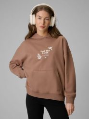4F Bluza dresowa loose z kapturem damska - beżowa XS. Brązowe bluzy 4f, xs, bez wzorów, z bawełny, z kapturem. Za 189.99 zł.