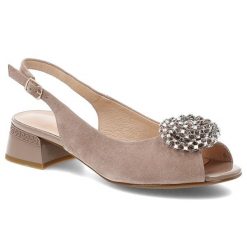 Sandały damskie S.Barski, ze skóry naturalnej z efektowną biżuteryjną ozdobą i stabilnym obcasem, beżowe, CR61-3030. Brązowe sandały S.BARSKI, z aplikacjami, ze skóry, bez obcasa, bez zapięcia. Za 305.90 zł.