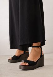 Czarne Sandały na Koturnie z Imitacji Drewna z Paskiem Wokół Kostki Tonitusa. Czarne sandały Renee, bez wzorów, boho, bez obcasa, na koturnie, bez zapięcia. Za 109.99 zł.