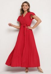 Bordowa Elegancka Sukienka Maxi w Plisy z Kopertowym Dekoltem i Wiązaniem Thessi. Czerwone sukienki Born2be, na lato, m, bez wzorów, eleganckie, bez kołnierzyka, bez ramiączek, maxi, kopertowe. Za 69.99 zł.