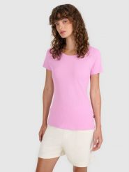 4F T-shirt regular z prążkowanej dzianiny damski - różowy L. Czerwone t-shirty 4f, l, bez wzorów, z bawełny, bez kołnierzyka, bez ramiączek. W wyprzedaży za 39.99 zł.