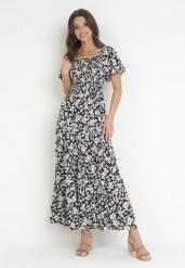 Czarna Rozkloszowana Sukienka Maxi w Kwiaty Casceia. Czarne sukienki Born2be, m, bez wzorów, bez kołnierzyka, bez ramiączek, maxi, rozkloszowane. Za 74.99 zł.