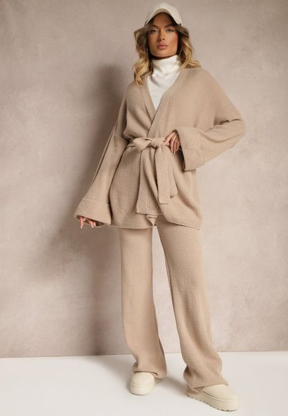 Beżowy Sweterkowy Komplet Kardigan z Wiązaniem i Szerokie Spodnie Edionisa. Szare kardigany Renee, bez wzorów. Za 199.99 zł.